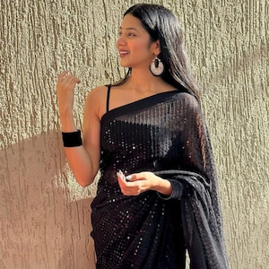 Black Heavy Embroidery Georgette Sequence Work Saree Traditional Wear Women Designer Saree Party Wear Saree Wedding Wear Saree
