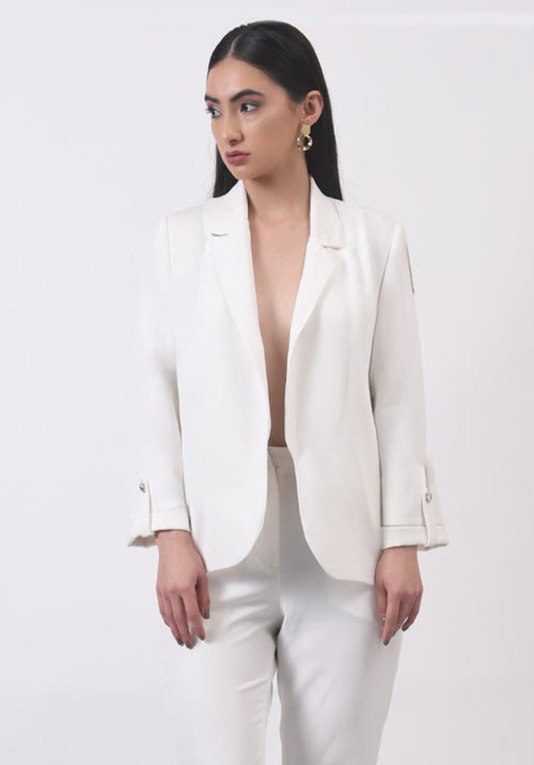 ジャケット PLAIN White Double-Breasted Blazer in Linen Woman White Linen Premium Blazer With Double Lapels, Linen Suit