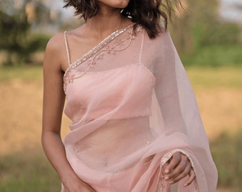 Set di sari ricamati a mano rosa cipria, sari in organza lavorati a mano, sari tradizionali, sari da designer, sari da festa, sari da matrimonio e da festa.