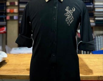 Black Embroidered Party Shirt: Handwork Cotton Tunic