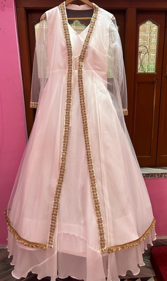 White Chiffon Bridal Gown: Long Sleeve Maxi Dress With Gold Trim - Etsy  Israel