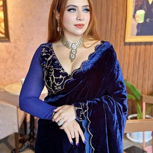 9000 velvet blue designer saree for women, only saree, usa women velvet party wear saree