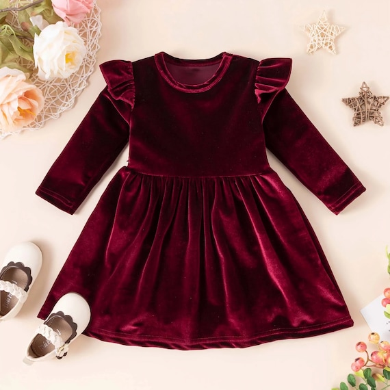 Winter Full Sleeves Wine Velvet Frock Dress for Baby Girls
