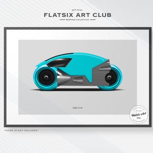 May include: A framed print featuring a futuristic light cycle in teal, gray, and black. The artwork includes the text "FLATSIX ART CLUB" and "Light Cycle". The frame is black, and the background is white.
