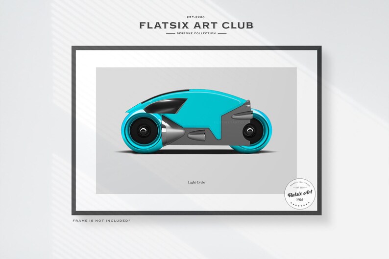 May include: A framed print featuring a futuristic light cycle in teal, gray, and black. The artwork includes the text "FLATSIX ART CLUB" and "Light Cycle". The frame is black, and the background is white.