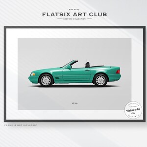 May include: A teal blue Mercedes-Benz SL 300 convertible sports car, with a white background. The car is in profile view, with the driver's side facing the viewer. The car is in a framed print, with the text "Flatsix Art Club" and "Bespoke Collection" at the top, and "SL 300" below the car. The text "Frame is not included" is at the bottom of the print.