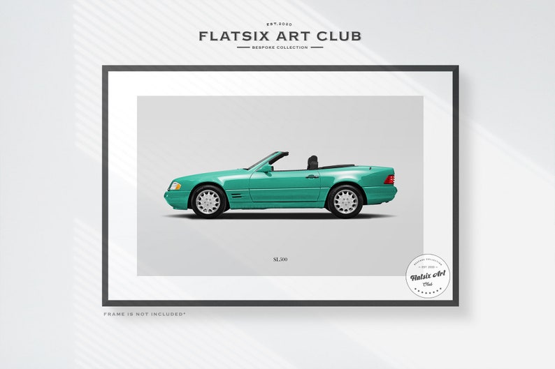 May include: A teal blue Mercedes-Benz SL 300 convertible sports car, with a white background. The car is in profile view, with the driver's side facing the viewer. The car is in a framed print, with the text "Flatsix Art Club" and "Bespoke Collection" at the top, and "SL 300" below the car. The text "Frame is not included" is at the bottom of the print.