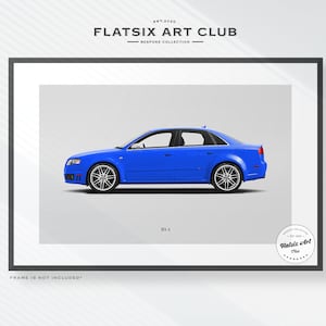 May include: A blue Audi RS4 sedan with black wheels and a white background. The car is in profile view and the text "RS 4" is below the car. The text "FLAT SIX ART CLUB" is at the top of the image.