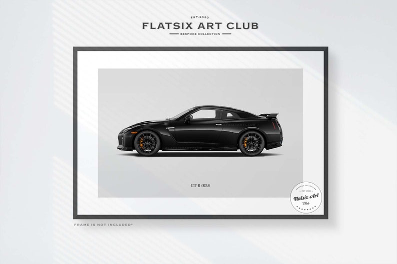 May include: A black Nissan GT-R sports car with orange brake calipers. The car is in a framed print with the text "FLAT SIX ART CLUB" and "GT-R R35".