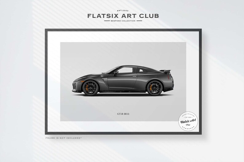 May include: A black Nissan GT-R sports car with orange brake calipers. The car is shown in profile view against a white background. The text "GT-R (R35)" is below the car. The text "FLAT SIX ART CLUB" is at the top of the image.