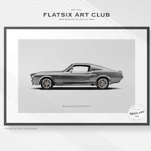 May include: A silver grey Ford Mustang Shelby GT350 Eleanor, a classic muscle car, is shown in profile against a white background. The car has black accents and a black stripe running along the side. The text "Mustang Shelby GT350 Eleanor" is printed below the car.