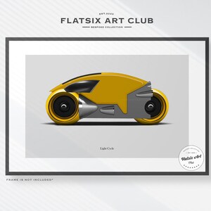May include: A framed print featuring a yellow and gray Light Cycle illustration. The artwork, part of the Flatsix Art Club Bespoke Collection, includes the text "Light Cycle" and the Flatsix Art Club logo.