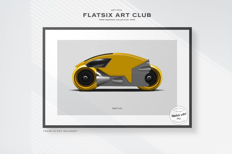 May include: A framed print featuring a yellow and gray Light Cycle illustration. The artwork, part of the Flatsix Art Club Bespoke Collection, includes the text "Light Cycle" and the Flatsix Art Club logo.