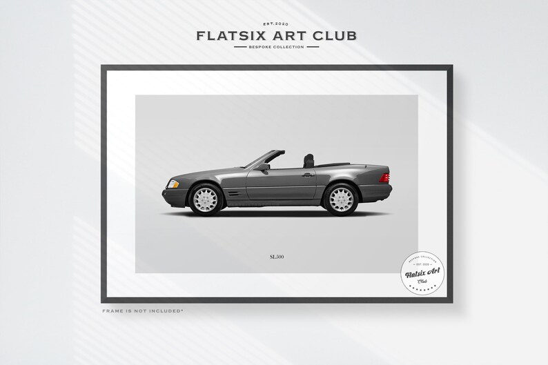 May include: A gray Mercedes-Benz SL 500 convertible car, with the text "Flatsix Art Club" and "Bespoke Collection" above the car, and "SL 500" below the car. The text "Frame is not included" is at the bottom of the image.