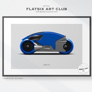 May include: Framed art print featuring a futuristic blue and silver Light Cycle design. The artwork includes the text "FLATSIX ART CLUB" and "Light Cycle". The frame is black and the print is on a white background.