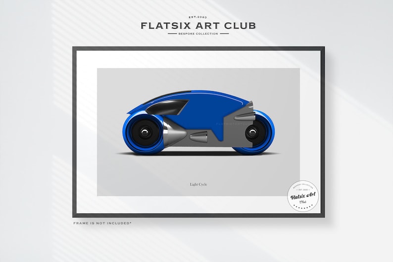 May include: Framed art print featuring a futuristic blue and silver Light Cycle design. The artwork includes the text "FLATSIX ART CLUB" and "Light Cycle". The frame is black and the print is on a white background.