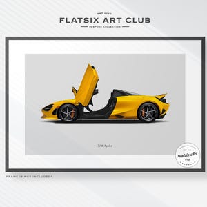 May include: Yellow sports car art print with doors open, set in a black frame. The print features the text "FLATSIX ART CLUB" and "720S Spider". The frame is not included.