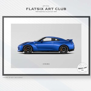 May include: A blue Nissan GT-R sports car with a black frame around the image. The text "FLATSIX ART CLUB" is at the top of the image. The text "GT-R (R35)" is below the car. The text "FRAME IS NOT INCLUDED" is at the bottom of the image.