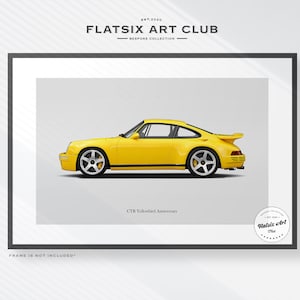 May include: A yellow Porsche 911 Turbo S with black accents and a black interior. The car is on a white background with the text "FLATSIX ART CLUB" and "CTR Yellowbird Anniversary" printed below the car. The image also includes a logo with the text "Flatsix Art Club" in a circle.