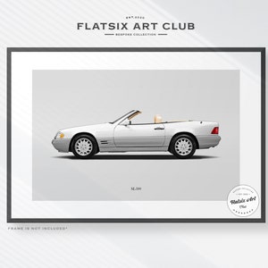 May include: A white Mercedes-Benz SL 500 convertible car with the top down. The car is shown in profile view against a white background. The text "Flatsix Art Club" and "SL 500" are visible in the image.