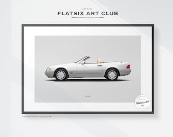 May include: A white Mercedes-Benz SL 500 convertible car with the top down. The car is shown in profile view against a white background. The text "Flatsix Art Club" and "SL 500" are visible in the image.