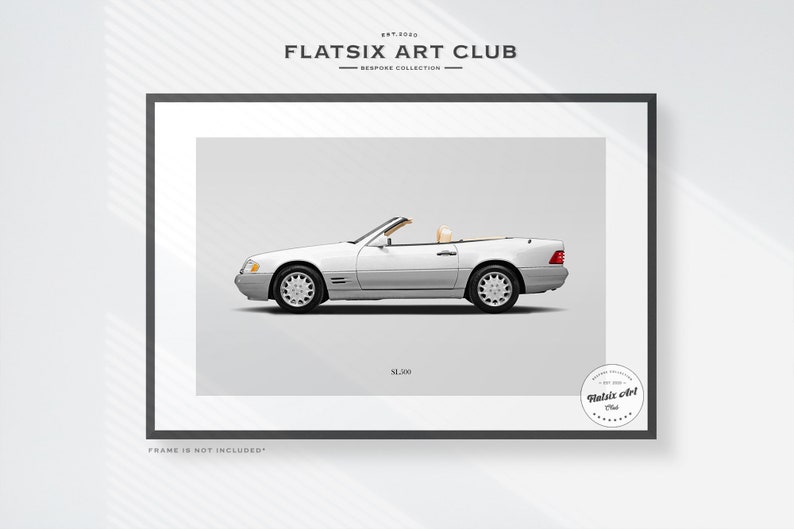 May include: A white Mercedes-Benz SL 500 convertible car with the top down. The car is shown in profile view against a white background. The text "Flatsix Art Club" and "SL 500" are visible in the image.
