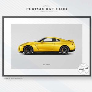 May include: A yellow sports car, a Nissan GT-R, is shown in profile against a white background. The car is in a black frame with the text "FLAT SIX ART CLUB" and "GT-R R35" below the car. The text "FRAME IS NOT INCLUDED" is at the bottom of the image.