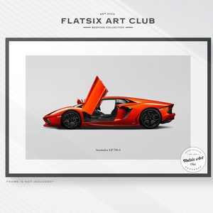 May include: A red Lamborghini Aventador LP 700-4 with the driver's side door open. The car is on a white background. The text "Aventador LP 700-4" is below the car. The text "Flatsix Art Club" is at the top of the image.