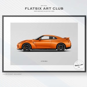 May include: A bright orange Nissan GT-R sports car is shown in profile against a white background. The car has black wheels and a black spoiler. The text "GT-R (R35)" is below the car. The text "FLATSIX ART CLUB" is at the top of the image.
