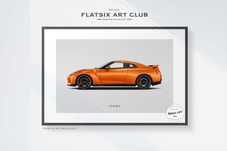 May include: A bright orange Nissan GT-R sports car is shown in profile against a white background. The car has black wheels and a black spoiler. The text "GT-R (R35)" is below the car. The text "FLATSIX ART CLUB" is at the top of the image.