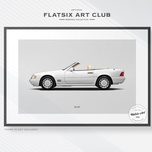May include: A white Mercedes-Benz SL 500 convertible car with the text "SL 500" and "Flatsix Art Club" printed below the car. The image is framed with a black frame.