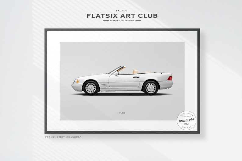 May include: A white Mercedes-Benz SL 500 convertible car with the text "SL 500" and "Flatsix Art Club" printed below the car. The image is framed with a black frame.