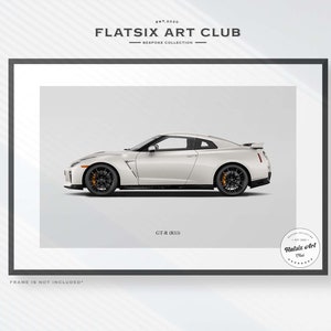 May include: A white Nissan GT-R sports car with black wheels and orange brake calipers. The car is on a white background with the text "FLATSIX ART CLUB" and "GT-R (R35)" printed below the car. The text "FRAME IS NOT INCLUDED" is printed below the car.