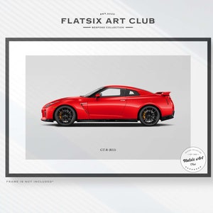 May include: A red Nissan GT-R sports car with black wheels and a black spoiler. The car is on a white background with the text "GT-R (R35)" and "FLATSIX ART CLUB" below it.