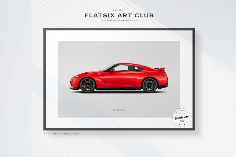 May include: A red Nissan GT-R sports car with black wheels and a black spoiler. The car is on a white background with the text "GT-R (R35)" and "FLATSIX ART CLUB" below it.