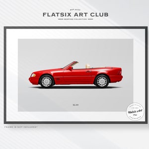 May include: A red Mercedes-Benz SL300 convertible car, with the top down, is shown in profile view against a white background. The car is part of a Flatsix Art Club Bespoke Collection print.