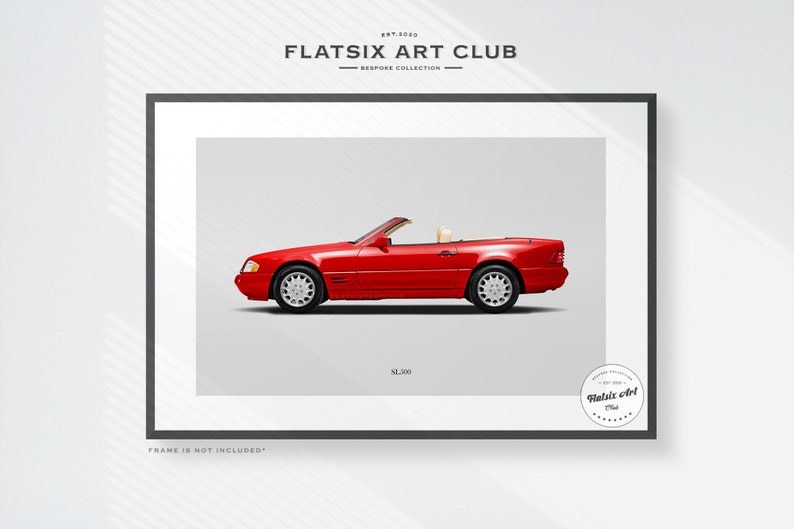 May include: A red Mercedes-Benz SL300 convertible car, with the top down, is shown in profile view against a white background. The car is part of a Flatsix Art Club Bespoke Collection print.