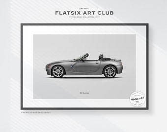 May include: A silver BMW Z4 Roadster, a convertible sports car, is shown in profile against a white background. The car is in a framed print with the text "FLAT SIX ART CLUB" and "Z4 Roadster" below the image. The text "FRAME IS NOT INCLUDED" is at the bottom of the print.