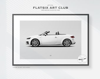 May include: A white Audi TT convertible car with the text "TT" below the car. The image is framed with a black frame and the text "FLAT SIX ART CLUB" is at the top of the image.