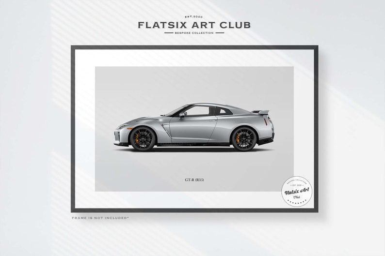 May include: A silver Nissan GT-R R35 sports car is shown in profile against a white background. The car has black wheels and orange brake calipers. The text "FLAT SIX ART CLUB" is at the top of the image, and the text "GT-R R35" is below the car. The text "FRAME IS NOT INCLUDED" is at the bottom of the image.