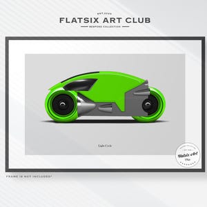 May include: A framed print featuring a neon green and gray Light Cycle design. The artwork is set against a light gray background, with the text "FLATSIX ART CLUB" and "Light Cycle" visible. The frame is black.
