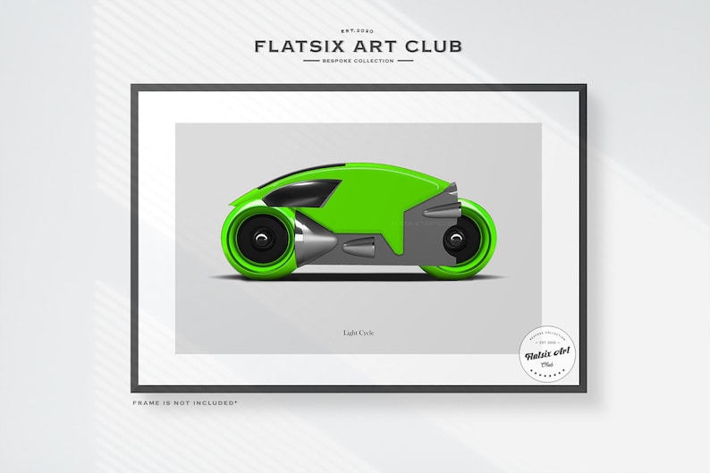 May include: A framed print featuring a neon green and gray Light Cycle design. The artwork is set against a light gray background, with the text "FLATSIX ART CLUB" and "Light Cycle" visible. The frame is black.