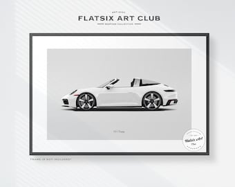 Puede incluir: Un Porsche 911 Targa blanco con interior negro, mostrado de perfil sobre un fondo blanco. El coche tiene una capota negra y ruedas negras. El texto "911 Targa" está debajo del coche. El texto "FLATSIX ART CLUB" está en la parte superior de la imagen.
