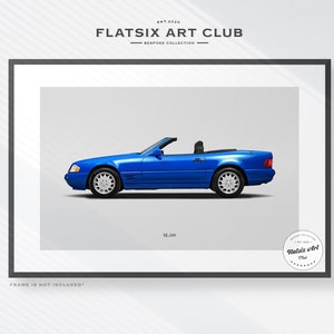 May include: A blue Mercedes-Benz SL300 convertible car, a vintage sports car, with a white background. The car is in profile view, with the driver's side facing the viewer. The car has a black interior and a black soft top. The car is on a white background. The text "Flatsix Art Club" is at the top of the image. The text "SL300" is below the car. The text "Frame is not included" is at the bottom of the image.