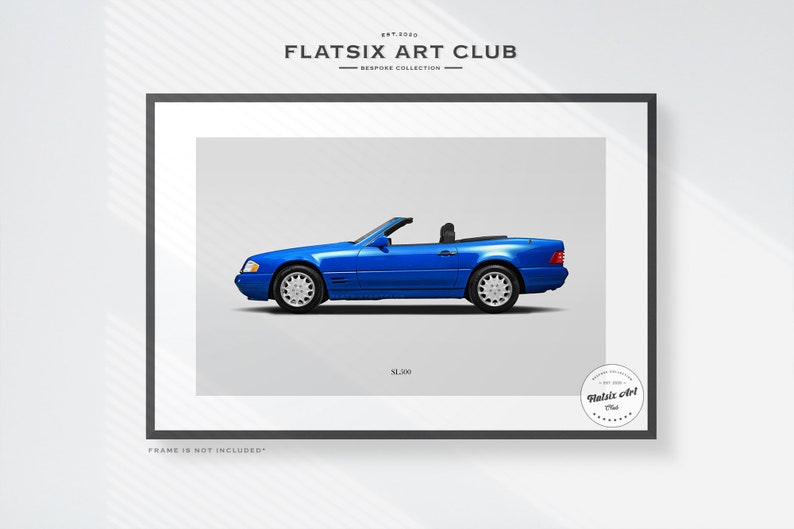 May include: A blue Mercedes-Benz SL300 convertible car, a vintage sports car, with a white background. The car is in profile view, with the driver's side facing the viewer. The car has a black interior and a black soft top. The car is on a white background. The text "Flatsix Art Club" is at the top of the image. The text "SL300" is below the car. The text "Frame is not included" is at the bottom of the image.