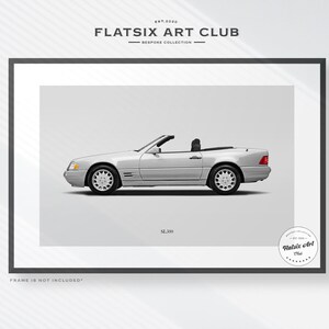 May include: A silver Mercedes-Benz SL300 convertible car with the top down. The car is on a white background. The text "Flatsix Art Club" is at the top of the image. The text "SL300" is below the car. The text "Frame is not included" is at the bottom of the image.