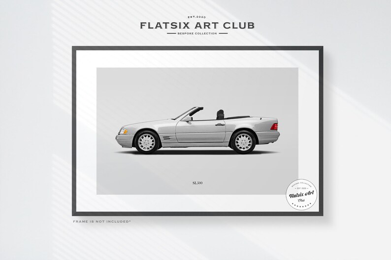 May include: A silver Mercedes-Benz SL300 convertible car with the top down. The car is on a white background. The text "Flatsix Art Club" is at the top of the image. The text "SL300" is below the car. The text "Frame is not included" is at the bottom of the image.