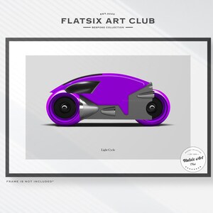 May include: Framed art print featuring a futuristic Light Cycle design. The motorcycle is rendered in vibrant purple and gray, with a sleek, modern aesthetic. The print includes the text "FLATSIX ART CLUB" and "Light Cycle".