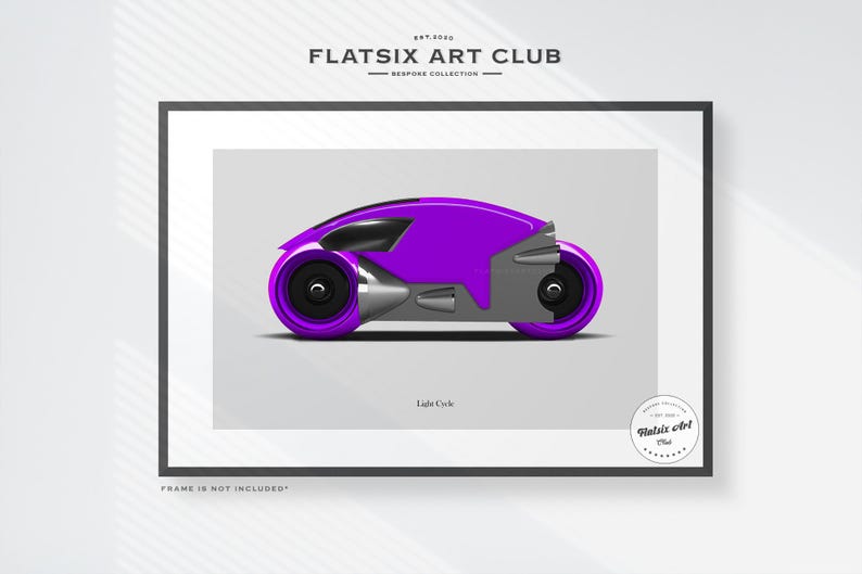 May include: Framed art print featuring a futuristic Light Cycle design. The motorcycle is rendered in vibrant purple and gray, with a sleek, modern aesthetic. The print includes the text "FLATSIX ART CLUB" and "Light Cycle".