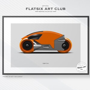 May include: Framed art print featuring an orange and silver Light Cycle design. The artwork includes the text "FLATSIX ART CLUB" and "Light Cycle". The frame is black and the background is white.